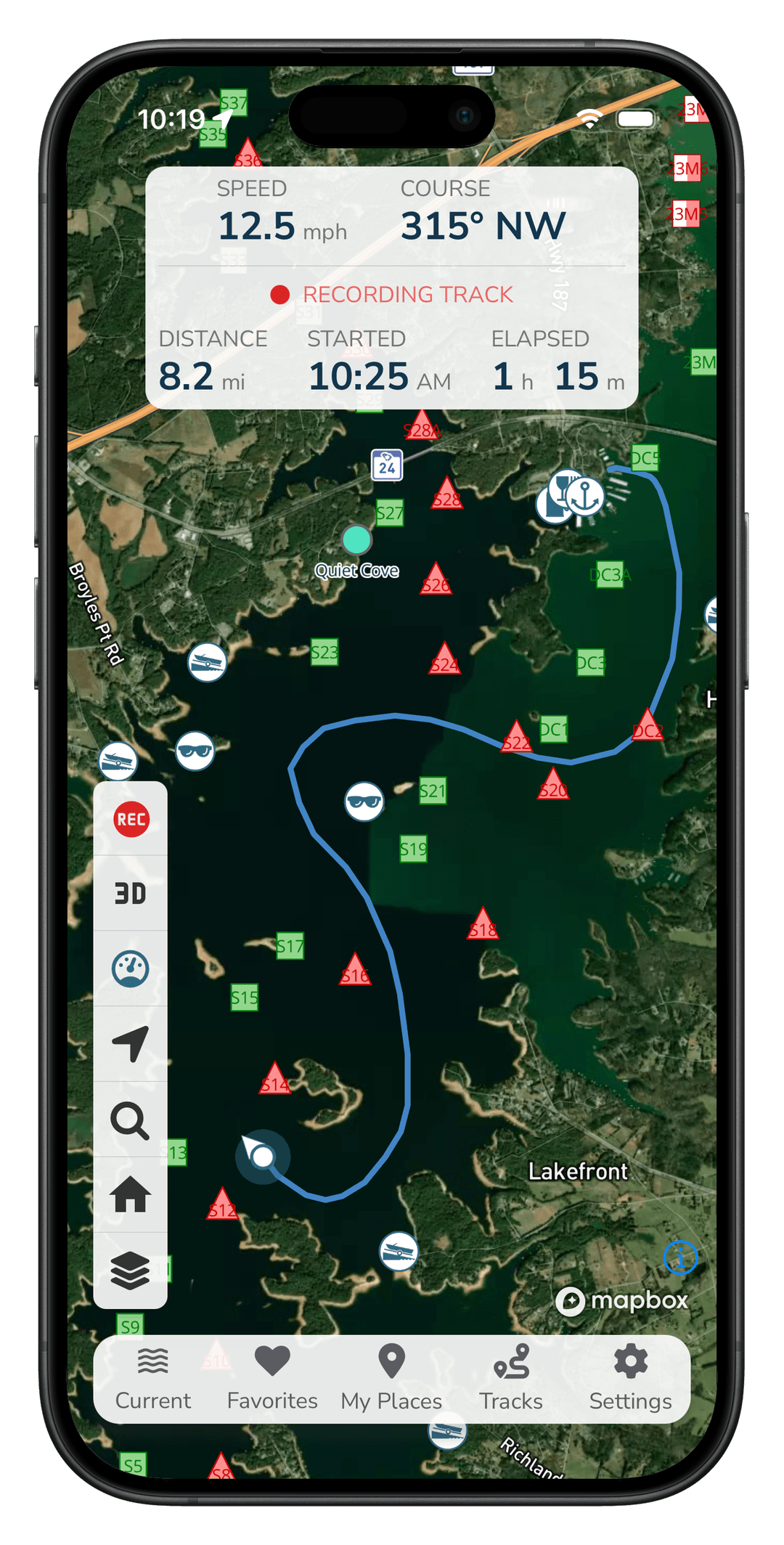 Tracks feature - recording a day on the lake
