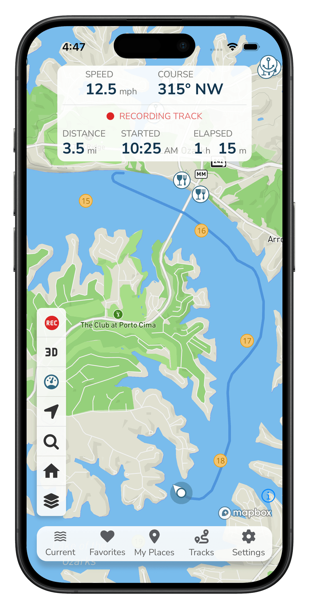Tracks feature - recording a day on the lake