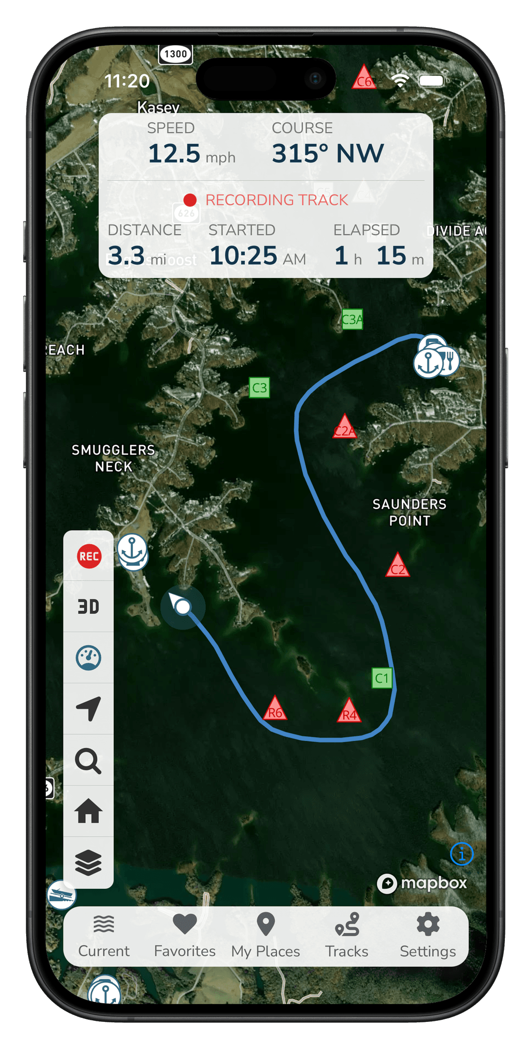 Tracks feature - recording a day on the lake